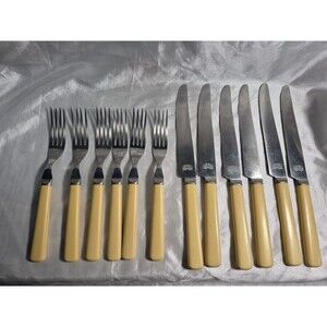 Vintage Lamson Stainless Fork & Knives Celluloid Handle Lot Of 12 Made In USA